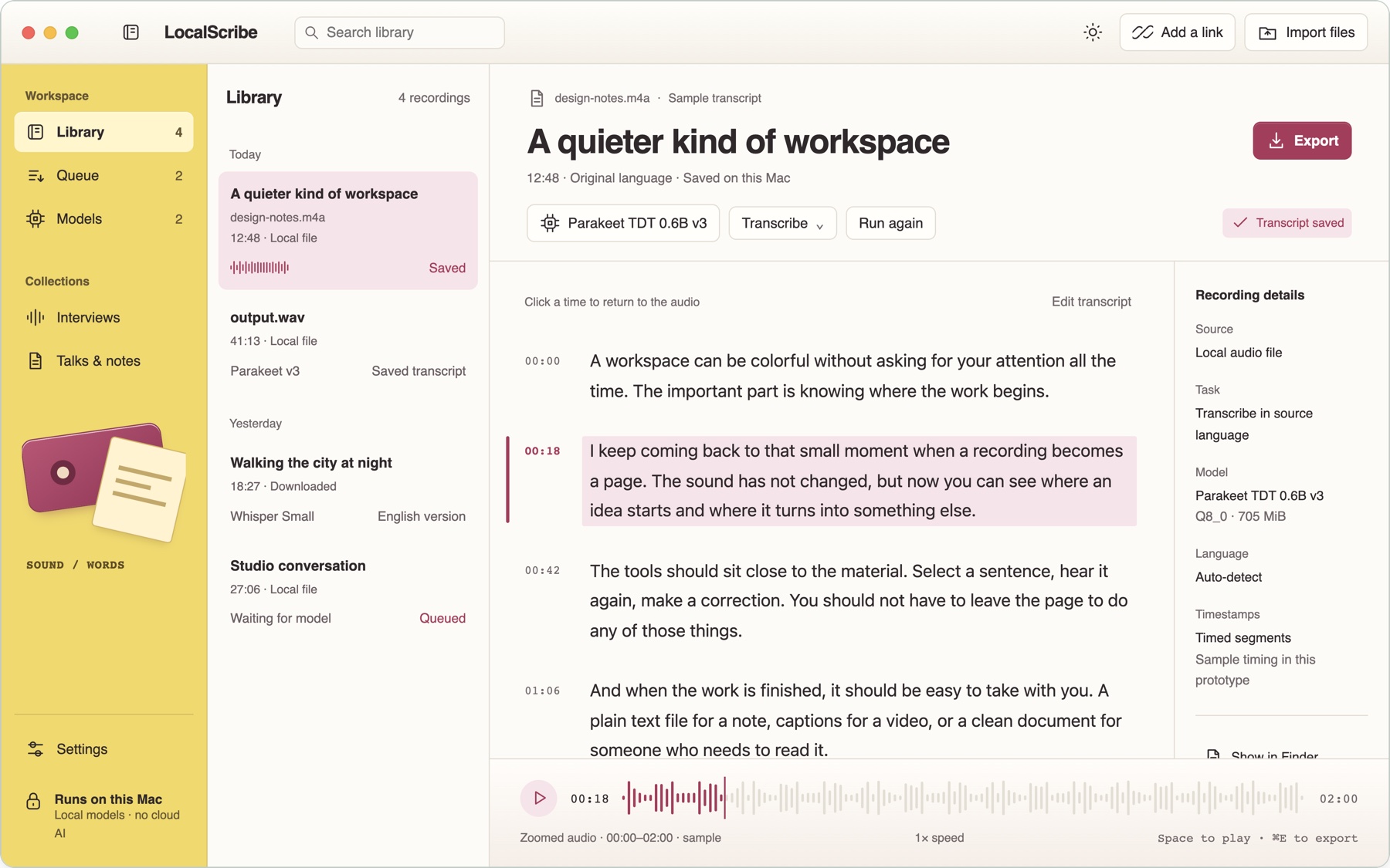 LocalScribe design preview: a yellow recording library beside a quiet transcript page, with a rose passage highlight and audio player.
